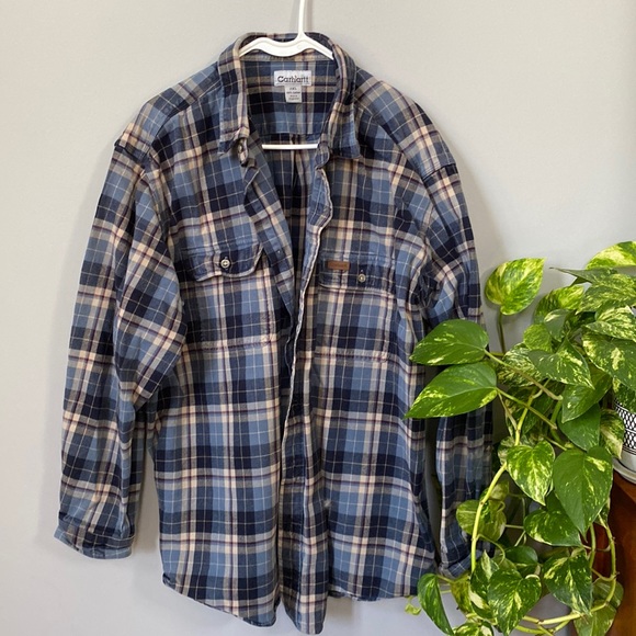 Vintage 90s Carhartt plaid flannel bottom down shirt. - Picture 1 of 5